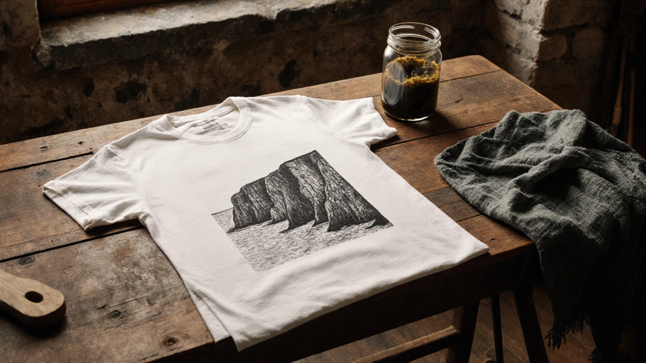 Hand-screen printed t-shirt with Cliffs of Moher design beside natural plant dyes on wooden table.