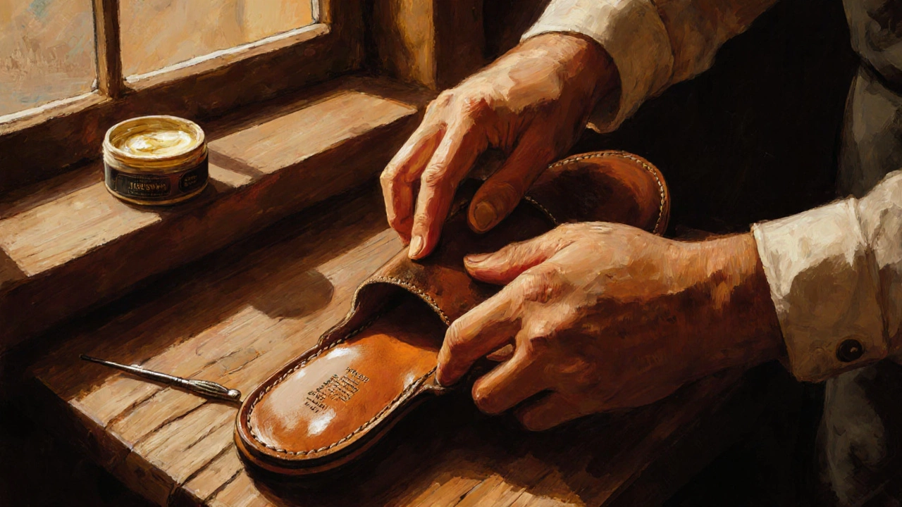 Hand touching leather insole of shoe, natural grain and texture highlighted, workshop details in background.