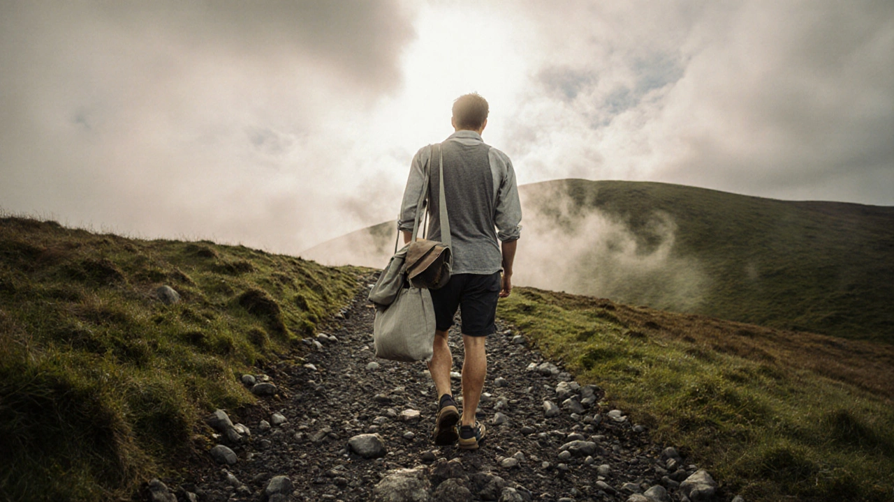Hiker on Wicklow Way in moisture-wicking top and linen shirt, foldable tote visible, misty green hills behind.