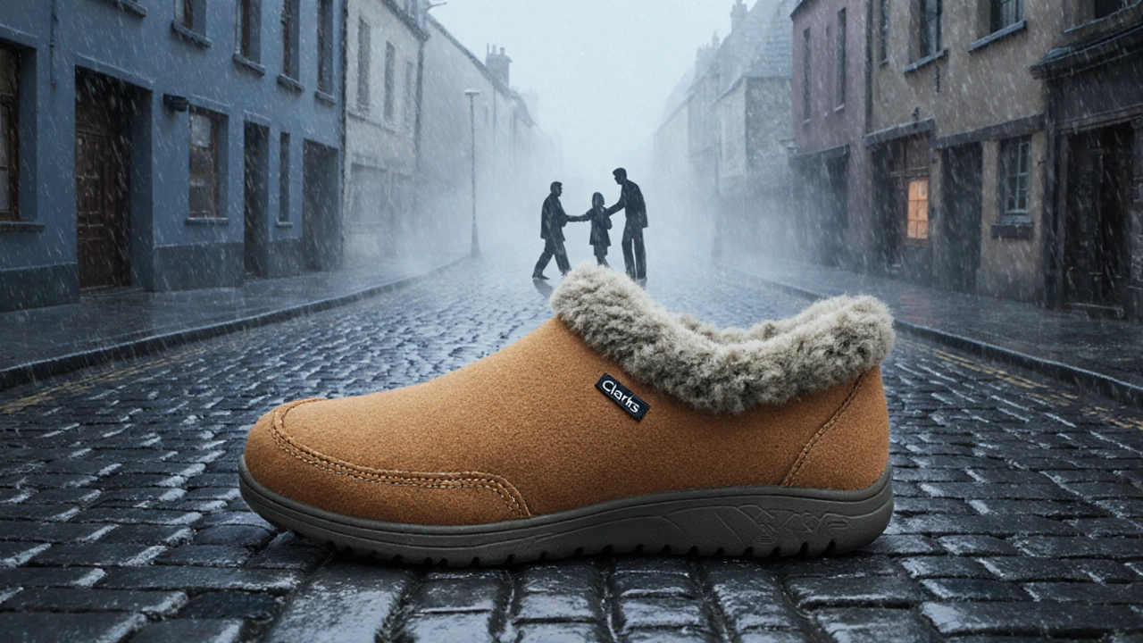 Irish winter landscape blending into Clarks slippers, symbolizing generational endurance.