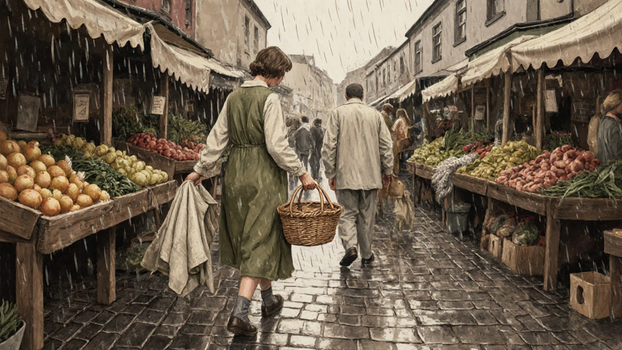 Local shopper at Kilkenny farmers&#039; market in linen tunic, rain starting, woven basket and wooden stalls.