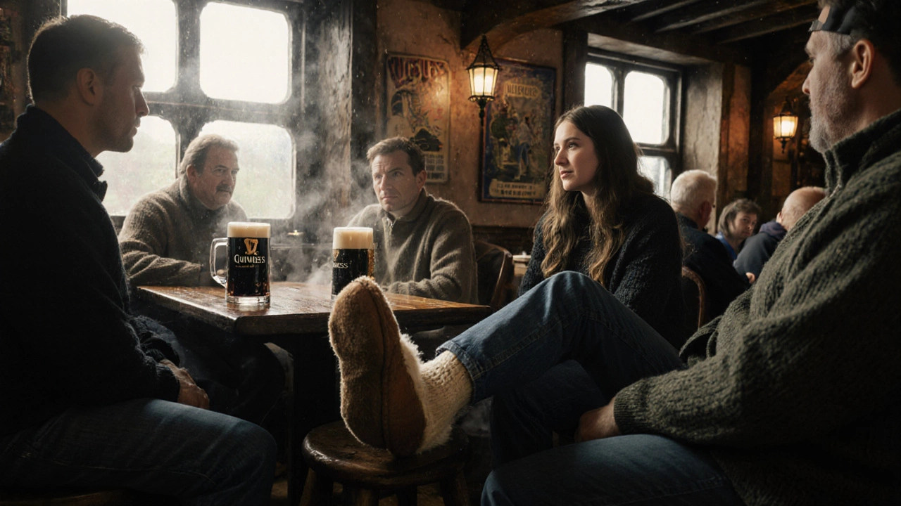 Locals in a Doolin pub with UGG slippers visible under trousers, steam from Guinness rising.
