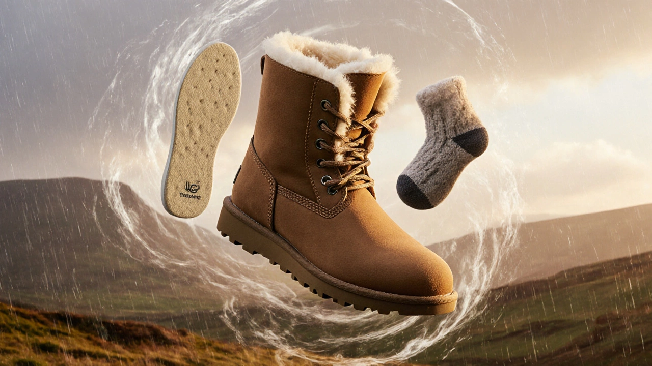 Sheepskin UGG boot floating with Thinsulate insole and dissolving socks against misty Irish hills.