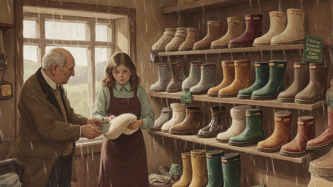 Small Irish hardware store with slippers on display and wellies by the door.