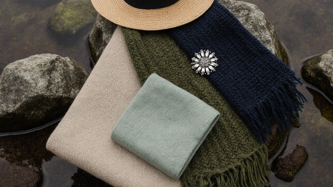 Textural collage of Irish summer fabrics against stone and peat soil with silver brooch and straw hat.