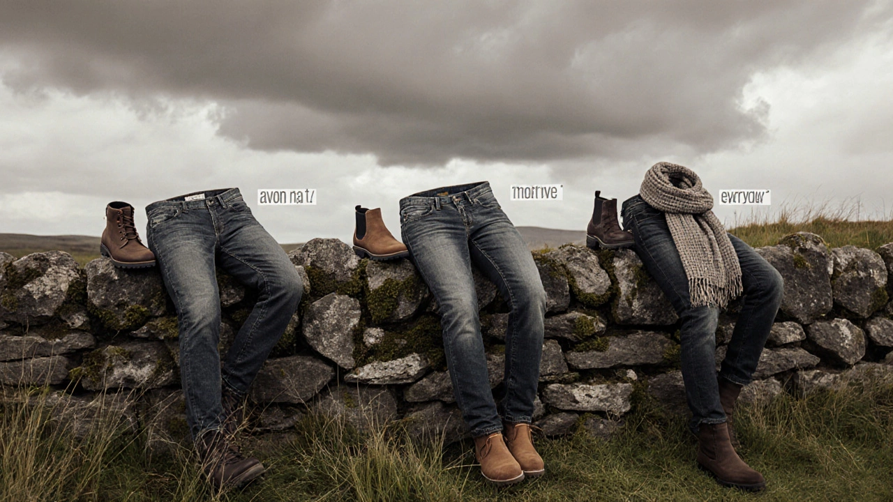 Three pairs of jeans on a stone wall in the Burren with different footwear representing use cases.