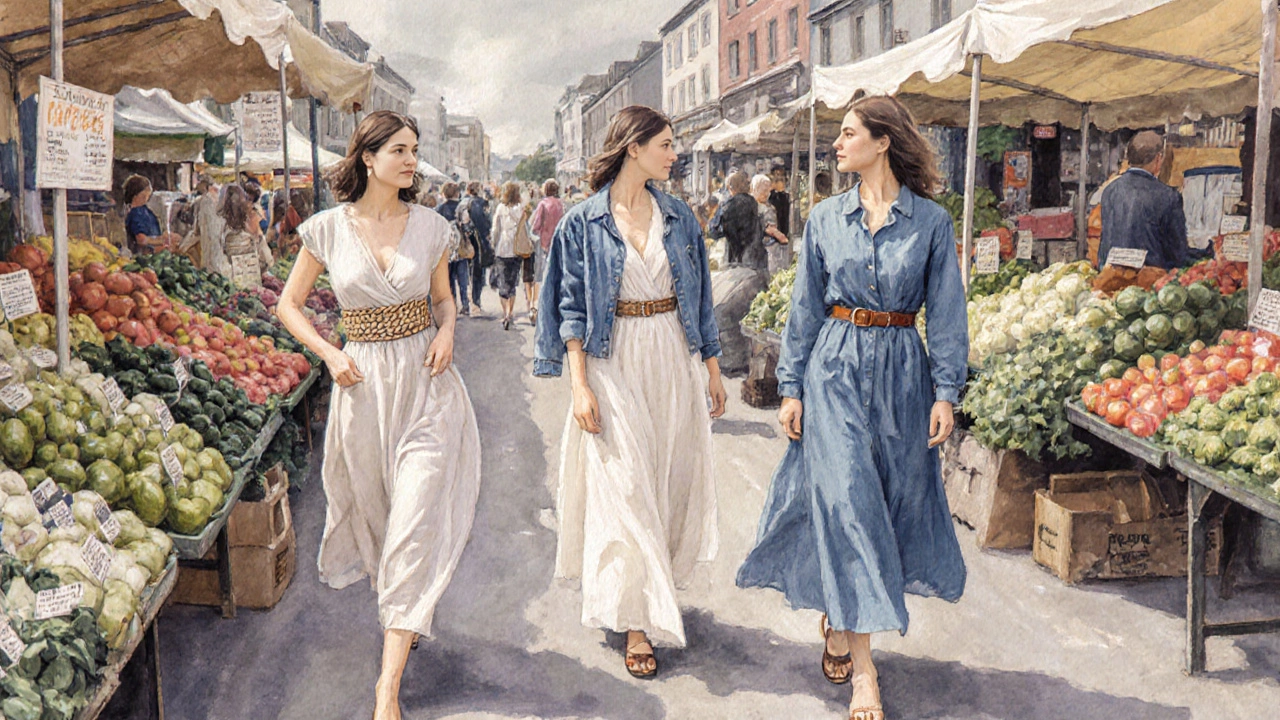 Three women in traditional Irish summer dresses at a vibrant countryside market.