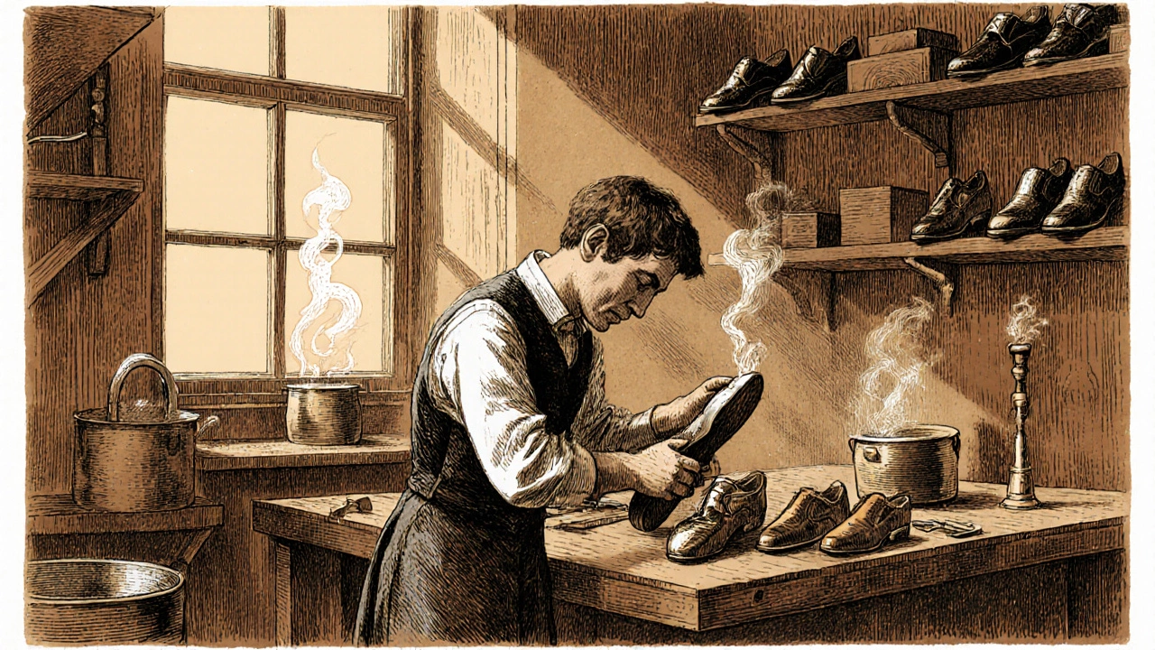 Vintage illustration of John Lobb in his 1849 London workshop crafting royal slippers with traditional tools.