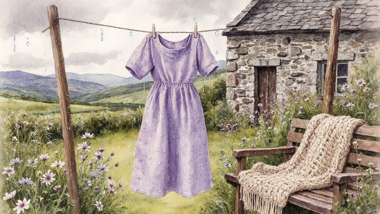 Vintage lavender linen dress on a clothesline in a Connemara garden with raindrops and wool shawl.