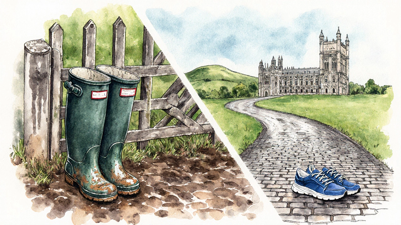 Wellies and trainers side by side, symbolizing rural and urban Irish life connected by a rainy path.