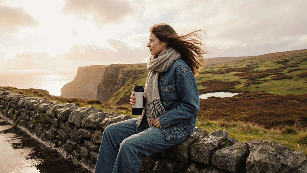 Woman sitting comfortably on a wet stone wall at the Cliffs of Moher, wearing durable, roomy denim and enjoying the Irish landscape.