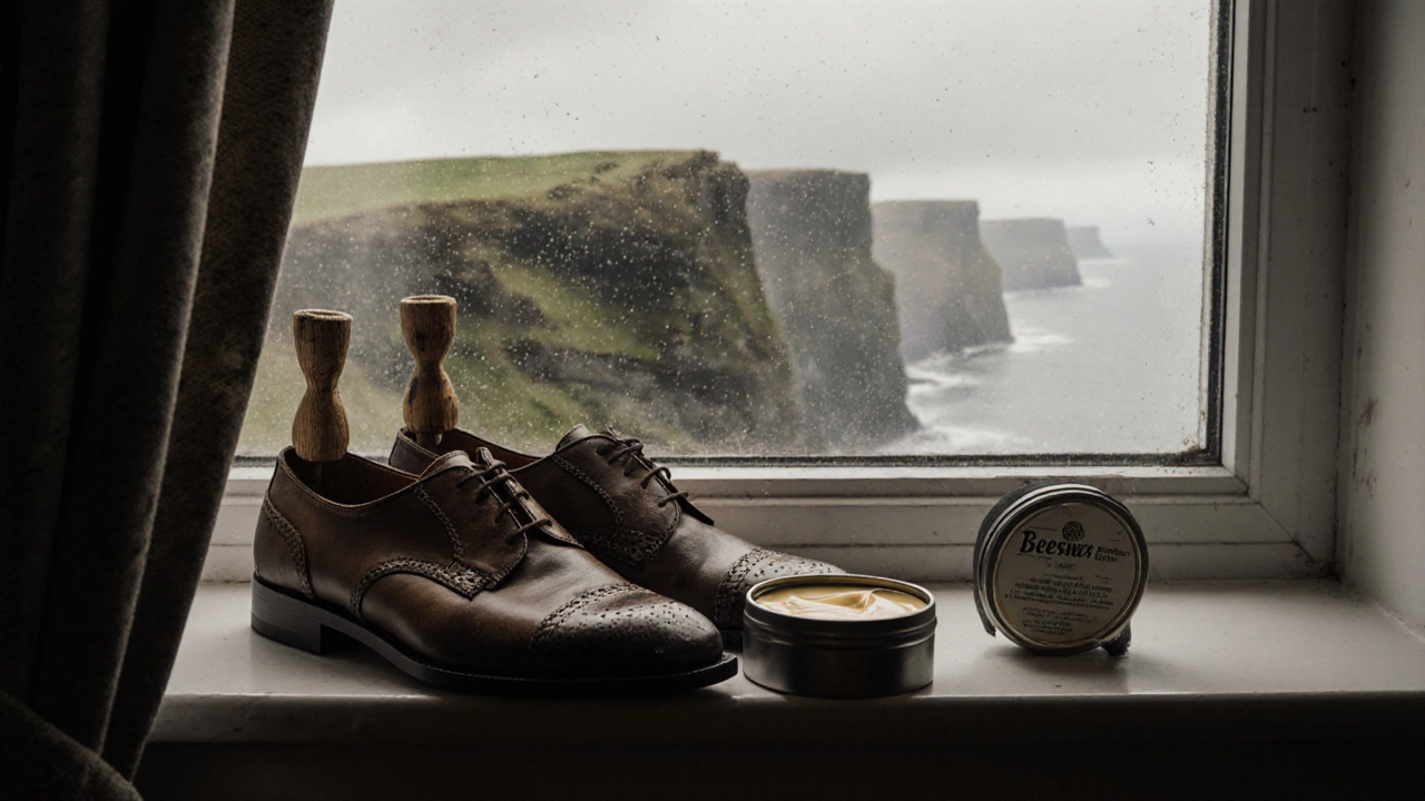 Worn leather shoes on windowsill with shoe tree and cream, misty Cliffs of Moher outside.
