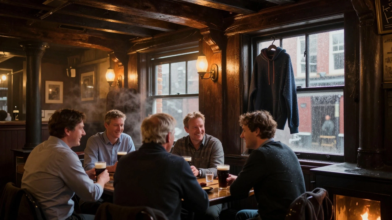 A damp hoodie hanging on a rack outside a warm, cozy Irish pub with patrons inside.