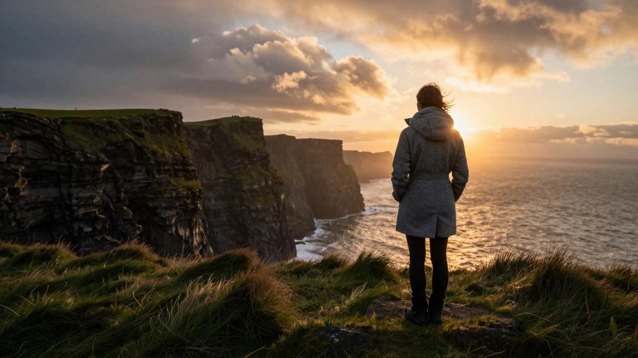 A hiker in a stone-gray coat stands on the Cliffs of Moher at sunset, wind sweeping through grass and clouds.