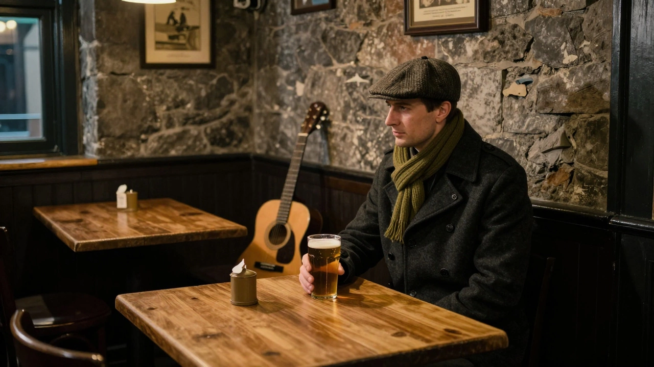 A man in a charcoal pea coat sits in a warm Irish pub, tweed cap and olive scarf, lamplight glowing on wooden tables.