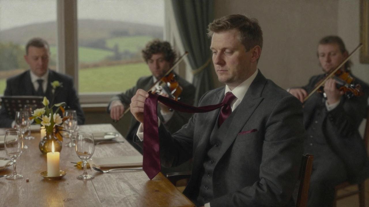 A man in a charcoal suit at a winter Irish wedding, candlelight, deep burgundy tie, soft background music.