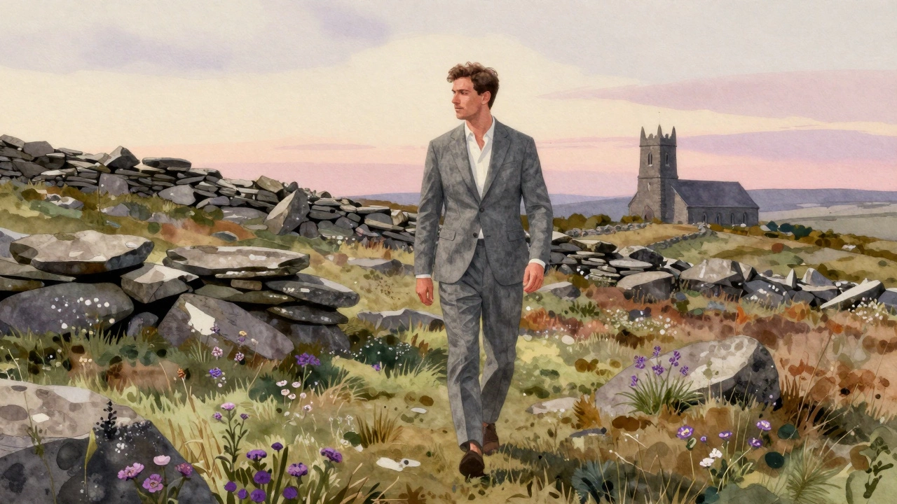 A man in mid-grey suit walks through the Burren, stones and wildflowers blending with his clothing at sunset.