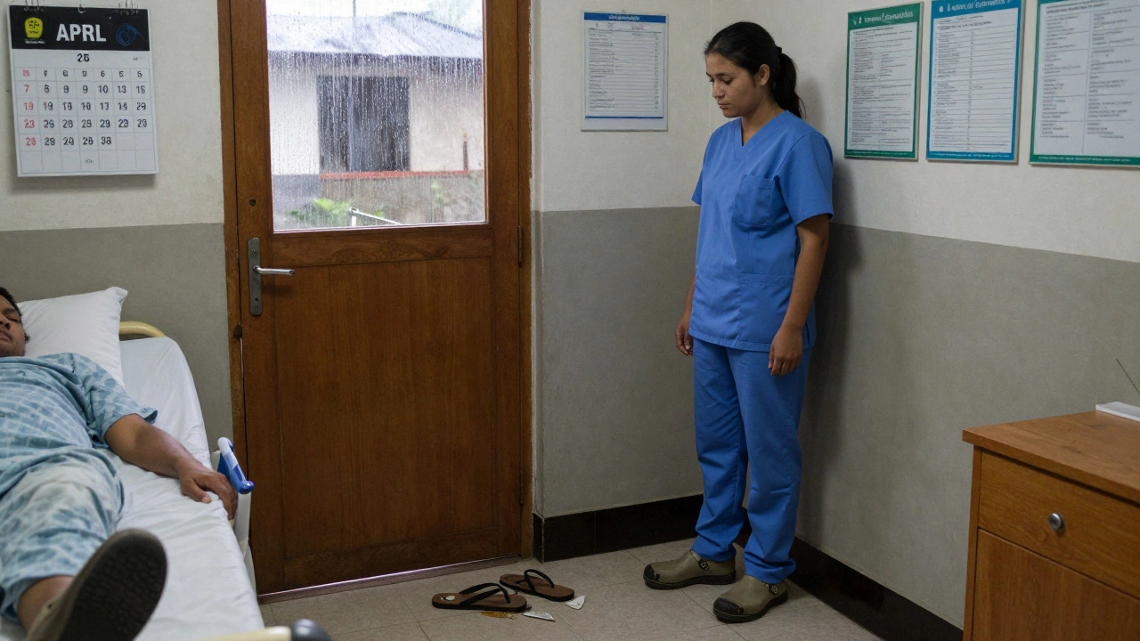 A nurse in a rural Irish clinic wearing closed, supportive shoes, standing beside a patient's bed.