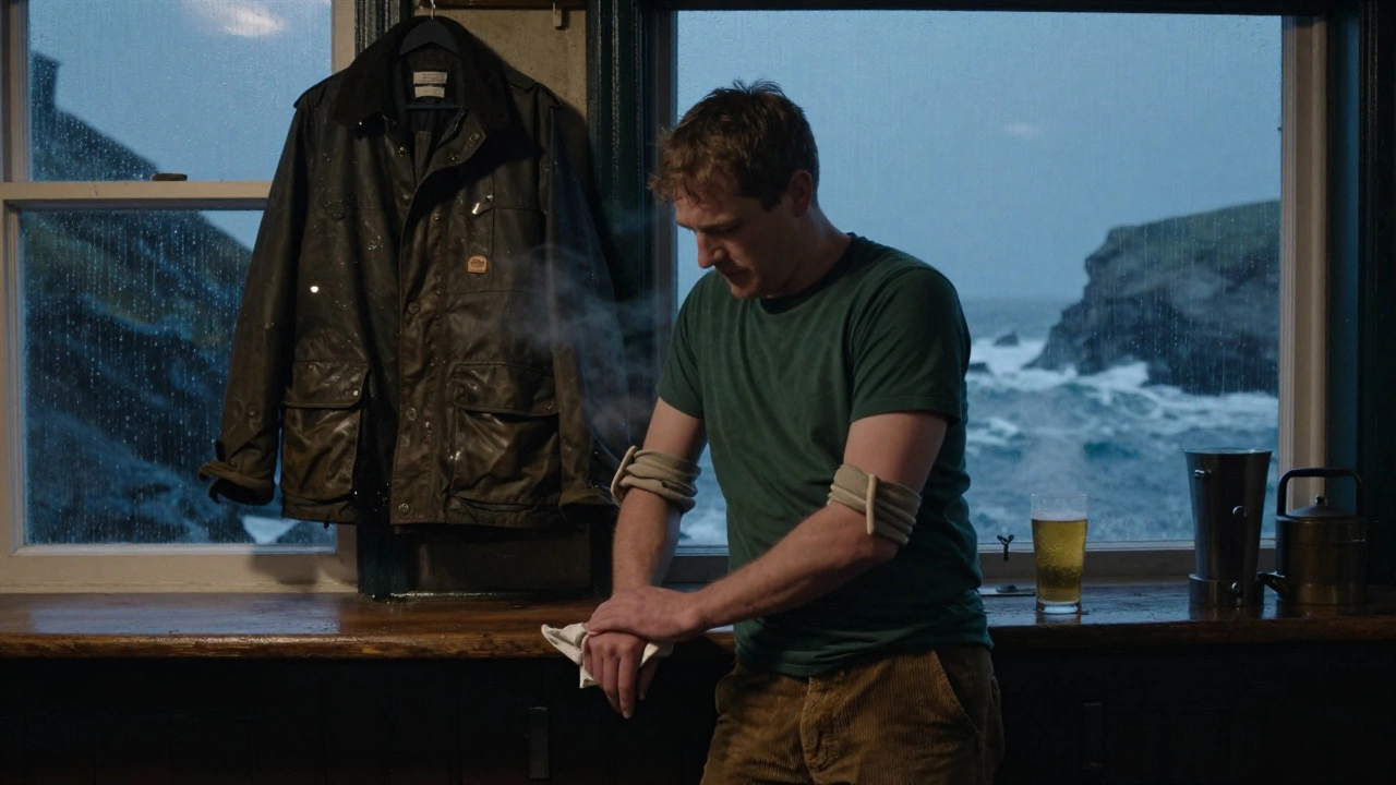 A pub worker in a forest green tee prepares drinks in Doolin as rain falls outside and the Atlantic crashes against the cliffs.