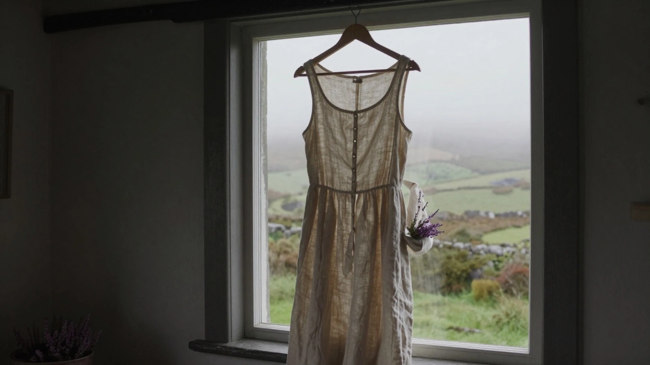 A rumpled linen dress hanging on a wooden hanger with a cardigan beside it, misty Burren landscape through the window.