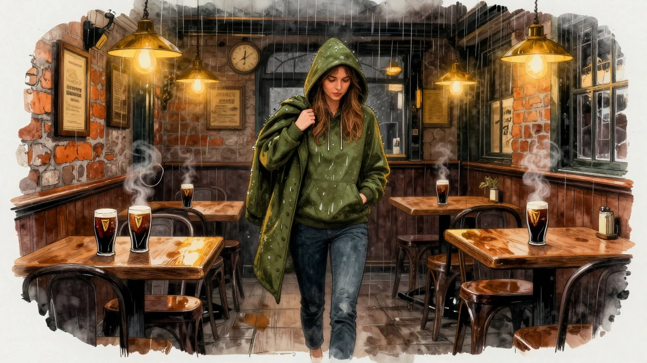 A woman entering a cozy Irish pub, hoodie draped over her shoulder as she sheds her coat.