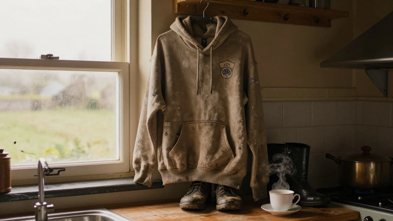 A worn, repaired hoodie hanging in a rural Irish kitchen, steaming teacup nearby.