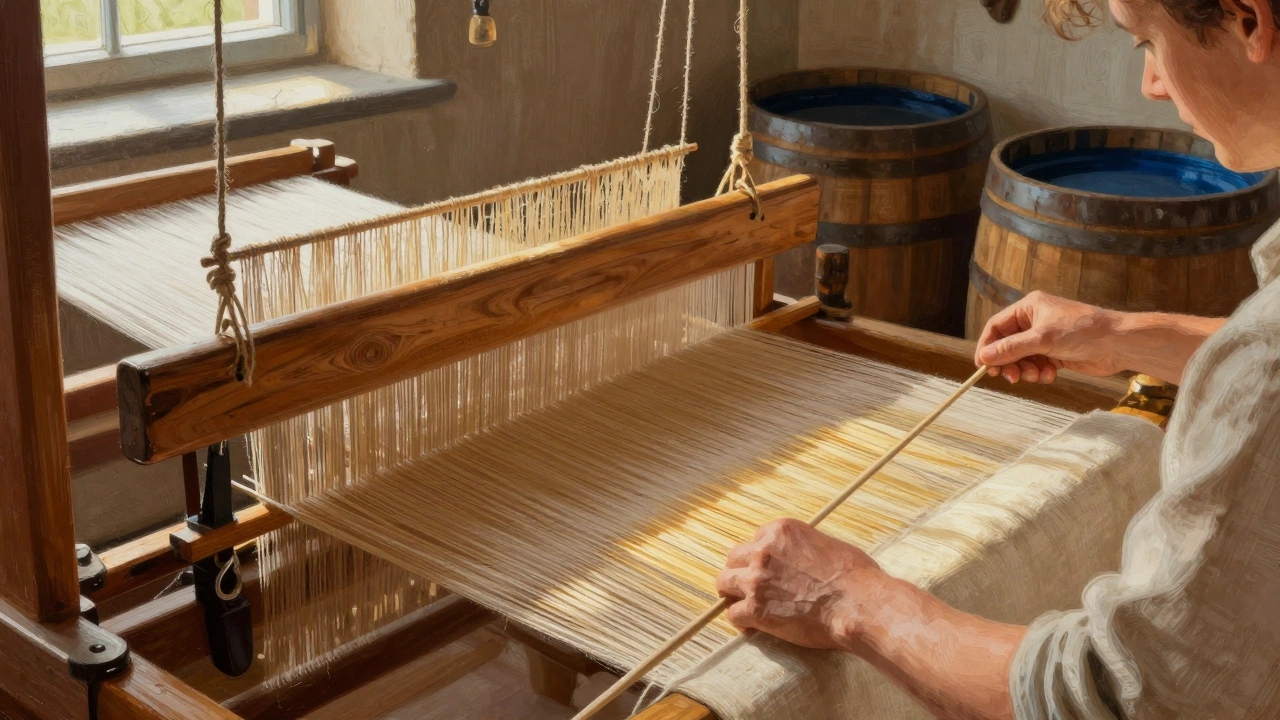 Close-up of handwoven Irish linen on a wooden loom, golden flax fibers and natural dyes visible in sunlight.