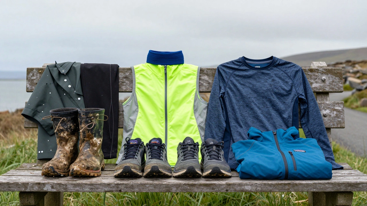 Collection of Irish activewear on wooden bench: thermal leggings, reflective vest, two pairs of shoes, waterproof jacket.