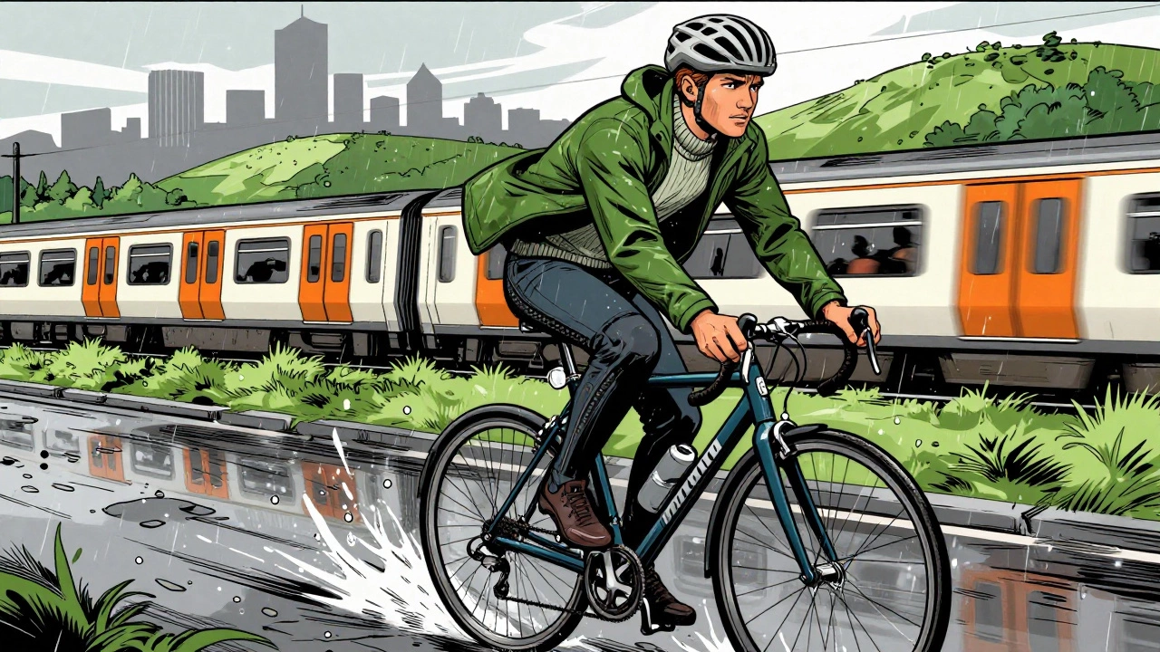 Cyclist in layered Irish attire riding through rain toward Dublin, with DART train and green hills in background.