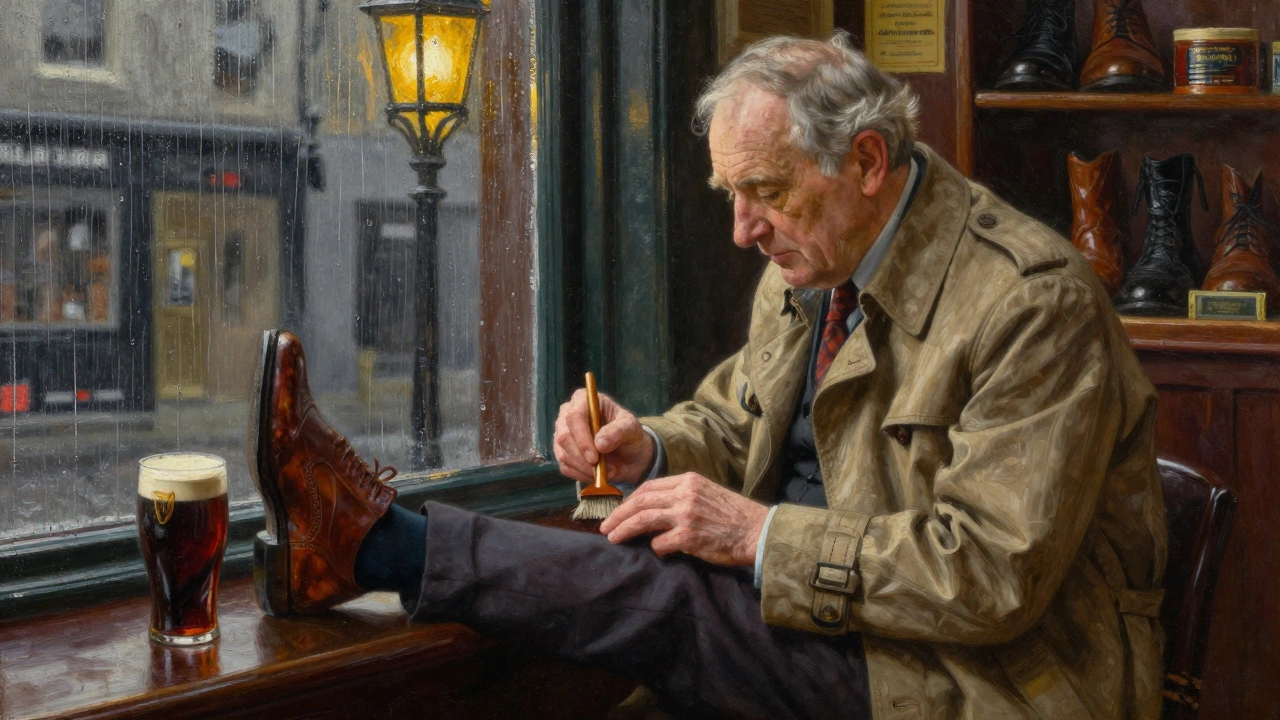 Elderly man polishing brogues by a pub window in Kilkenny, rain on glass, warm interior light.
