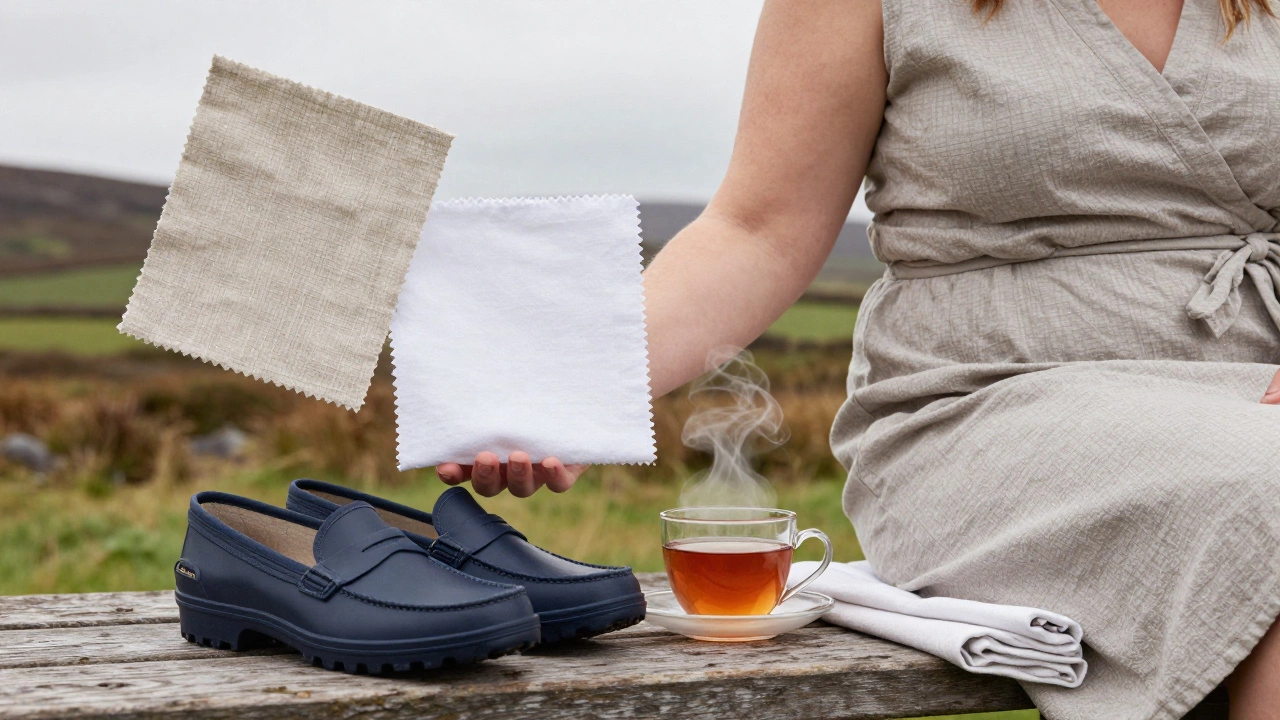 Fabric swatches of linen, cotton, and TENCEL™ floating above leather sandals and a folded dress on a wooden bench.