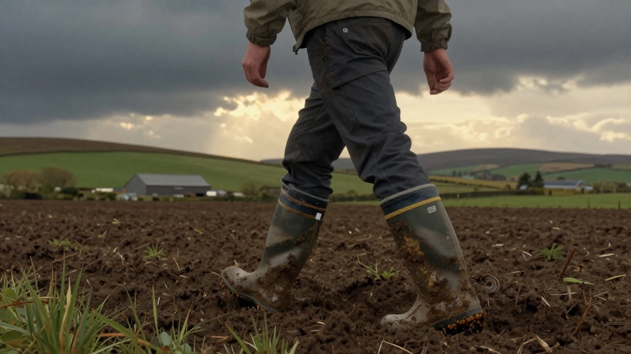 Farmer in County Clare walking through muddy field with waterproof work boots and rolling hills behind.