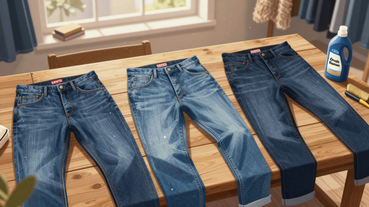 Five premium denim brands displayed on wooden table with detergent and brush.