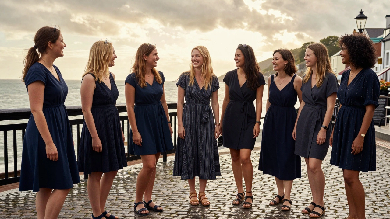 Group of Irish women laughing in summer dresses at a seaside pub, wearing layered, flattering styles under soft golden hour light.