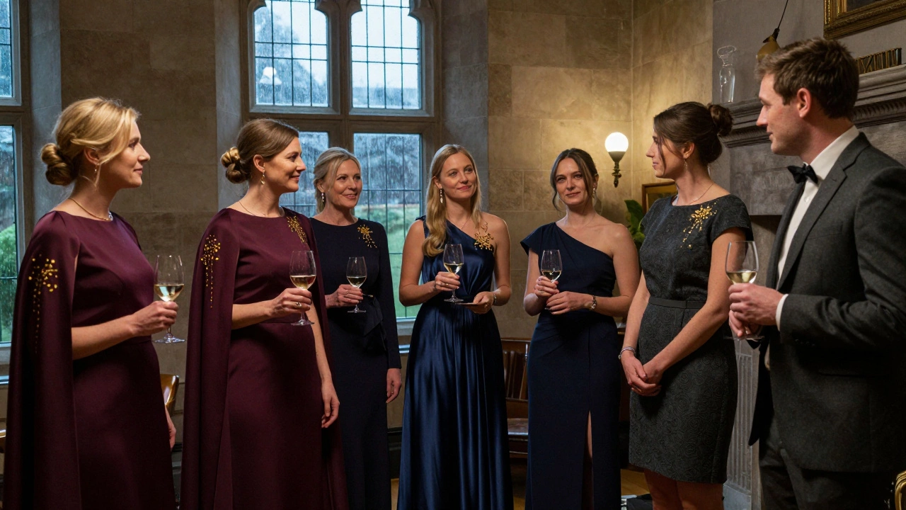 Guests in deep-toned evening gowns at Galway arts gala beside stone fireplace