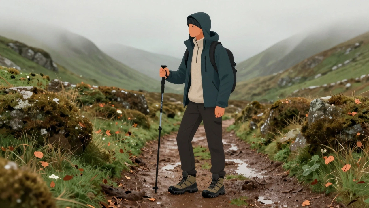 Hiker on muddy Wicklow trail wearing layered activewear with beanie and trekking pole, foggy mountains behind.