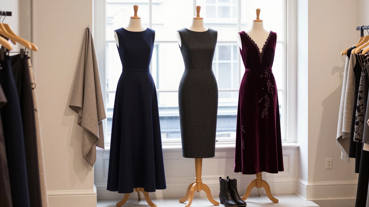 Irish-made evening dresses displayed in Dublin boutique with cashmere wrap and ankle boots