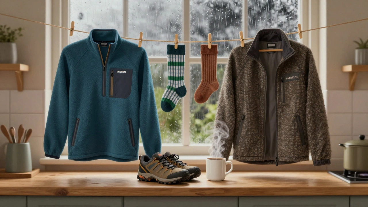 Irish outdoor gear drying on a clothesline in a Belfast kitchen with rain on the window.
