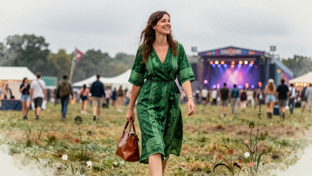 Irish woman in a green wrap dress with floral prints laughing at a summer festival under misty twilight.