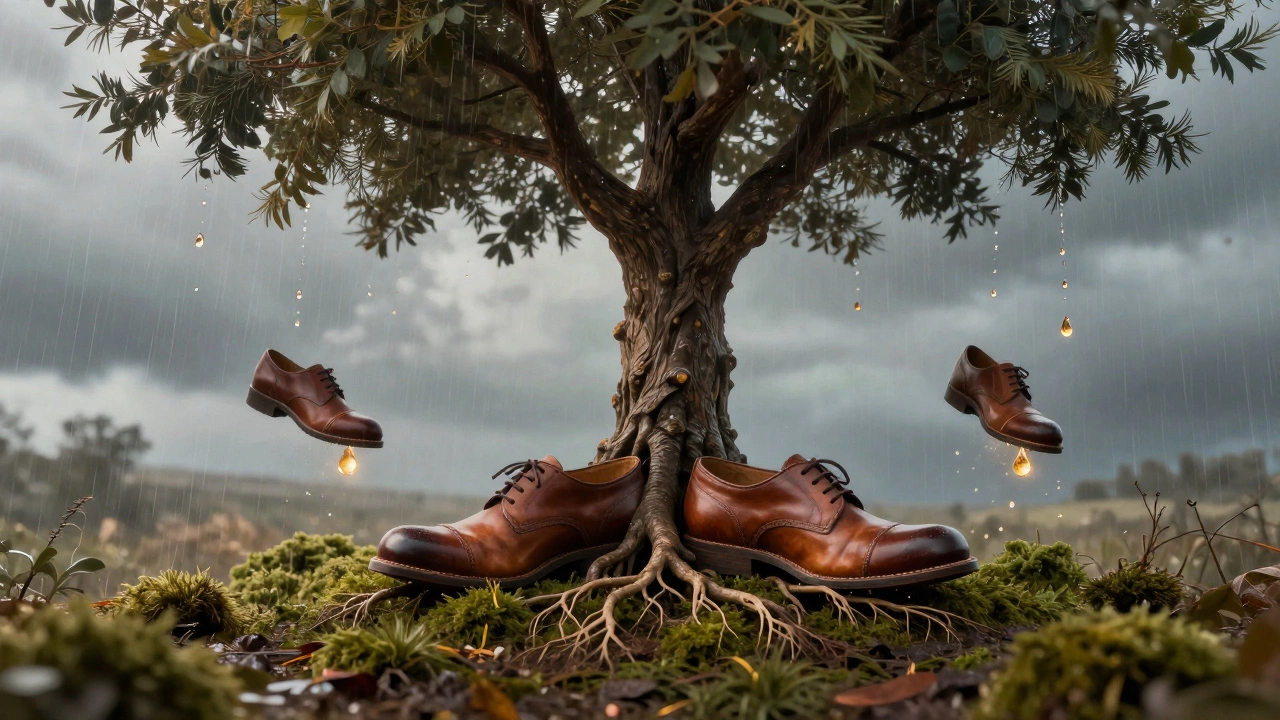 Leather shoes growing into a tree with roots of soles and branches of straps, symbolizing legacy.