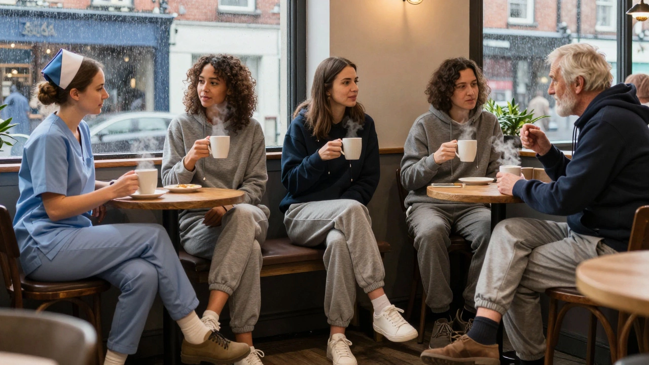 Locals in a Dublin café wearing sweatpants and hoodies, drinking coffee as rain falls outside.