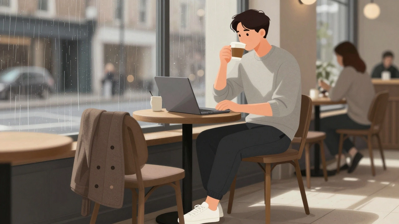 Man in minimalist athleisure sipping coffee in a Dublin café with rain-streaked windows.