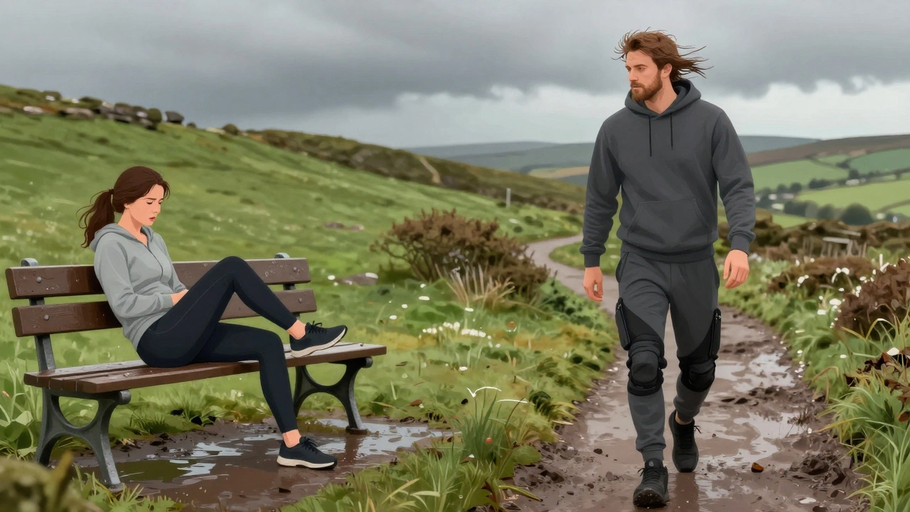 Side-by-side: one person uncomfortable in leggings on a wet bench, another confident in sweatpants on a muddy trail.