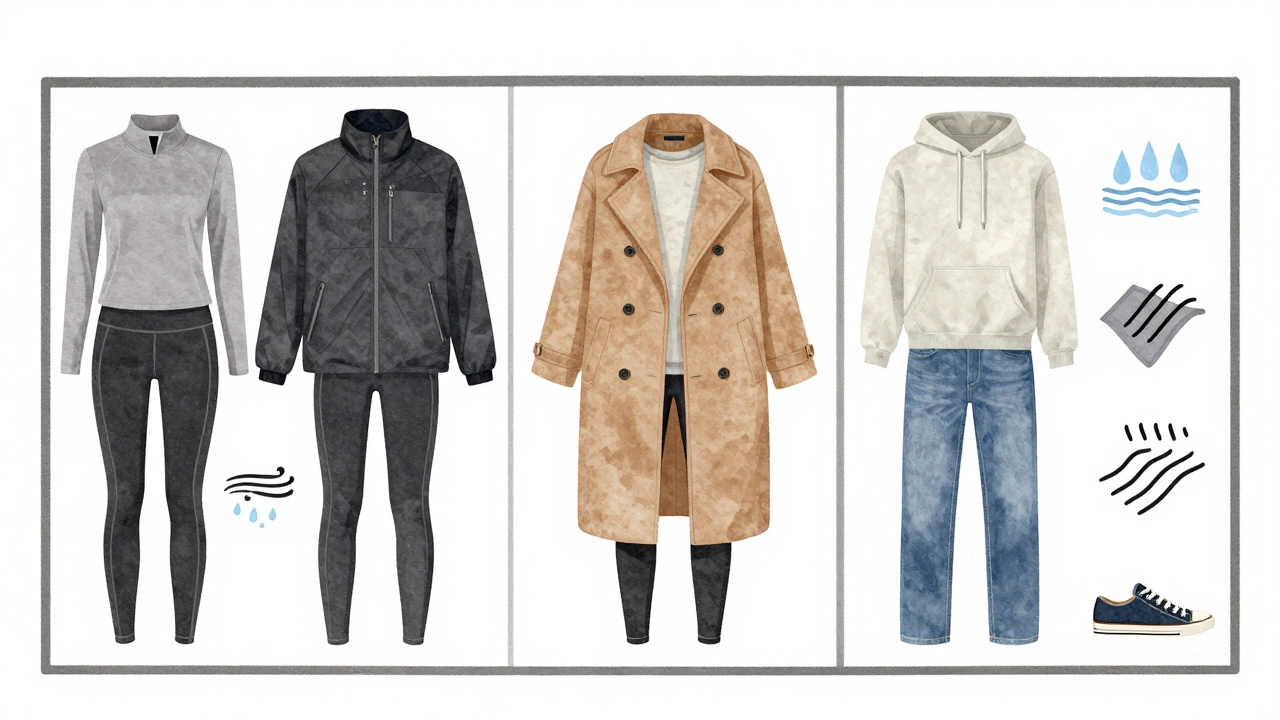 Split wardrobe showing activewear repelling weather and casual wear absorbing moisture, with a layered combo in center.