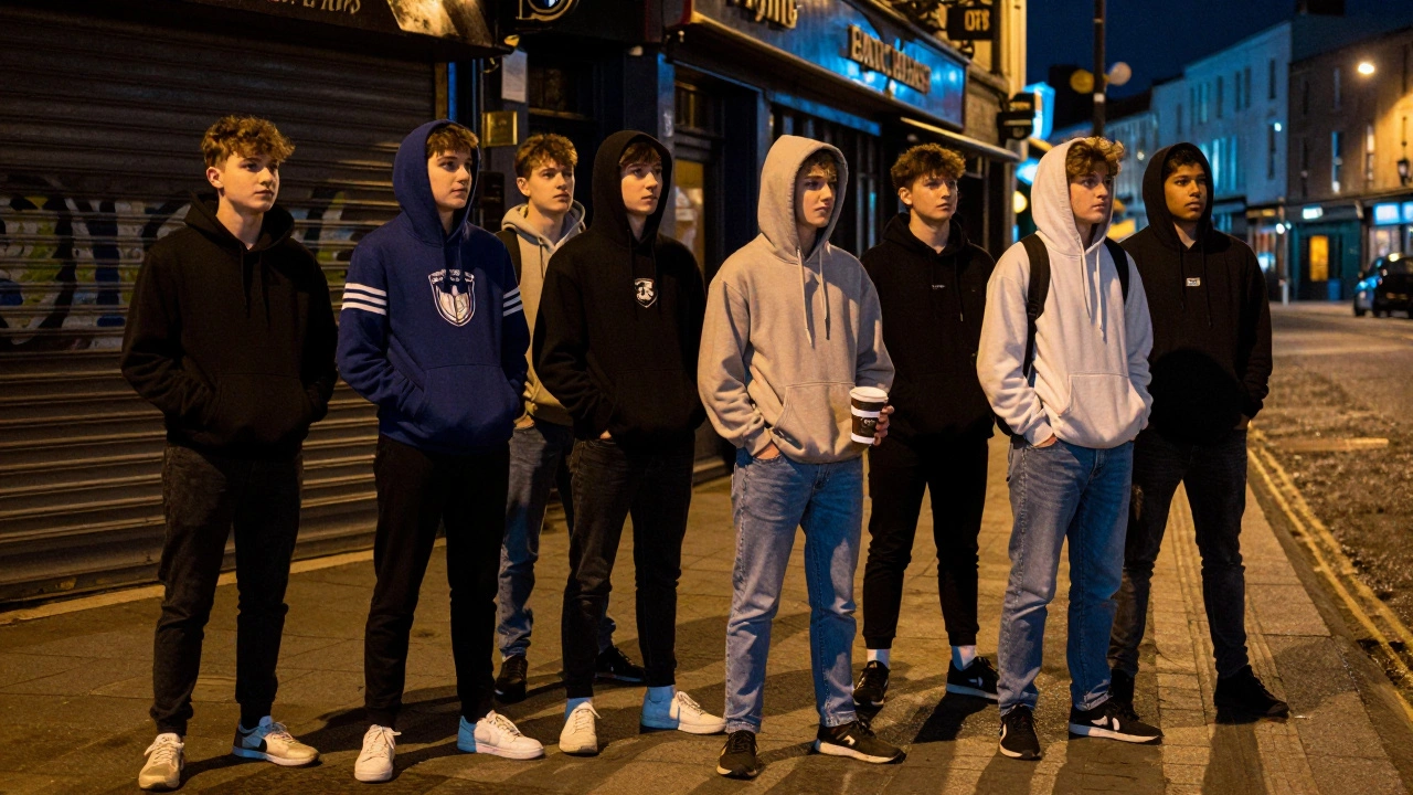 Teens in Limerick standing together at night, each wearing hoodies with local football logos.