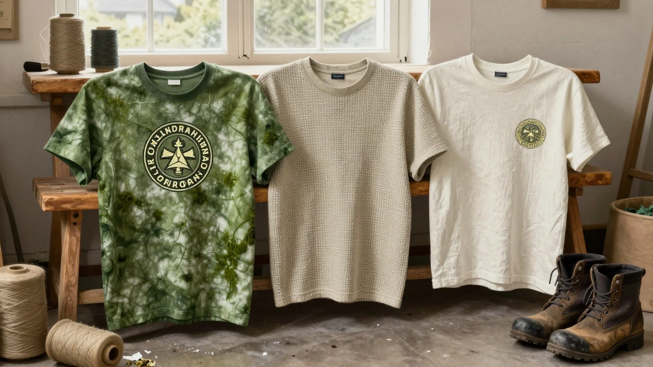 Three Irish-made forest green t-shirts displayed on a wooden bench with natural dyes and walking boots nearby.