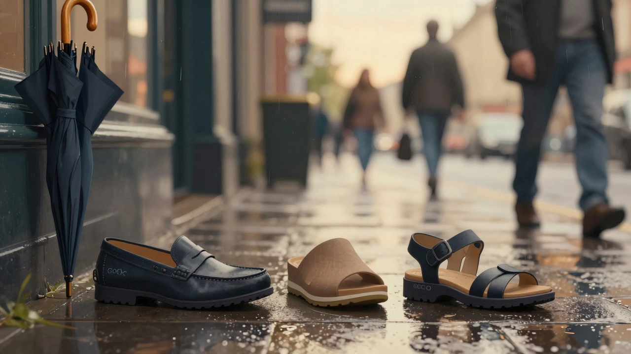 Three practical Irish work shoes displayed on a wet pavement with raindrops and an umbrella nearby.