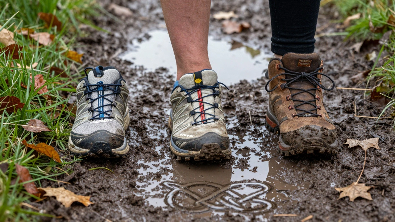 Three worn running shoes on a muddy Irish trail, symbolizing practicality and endurance.