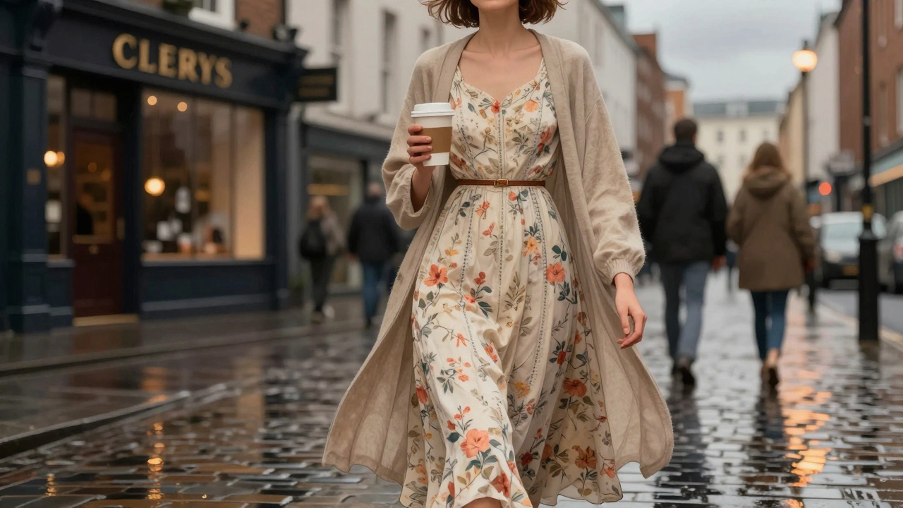 Woman in an empire waist dress outside Clerys in Dublin, wearing a belt below her bust and a flowing cardigan.