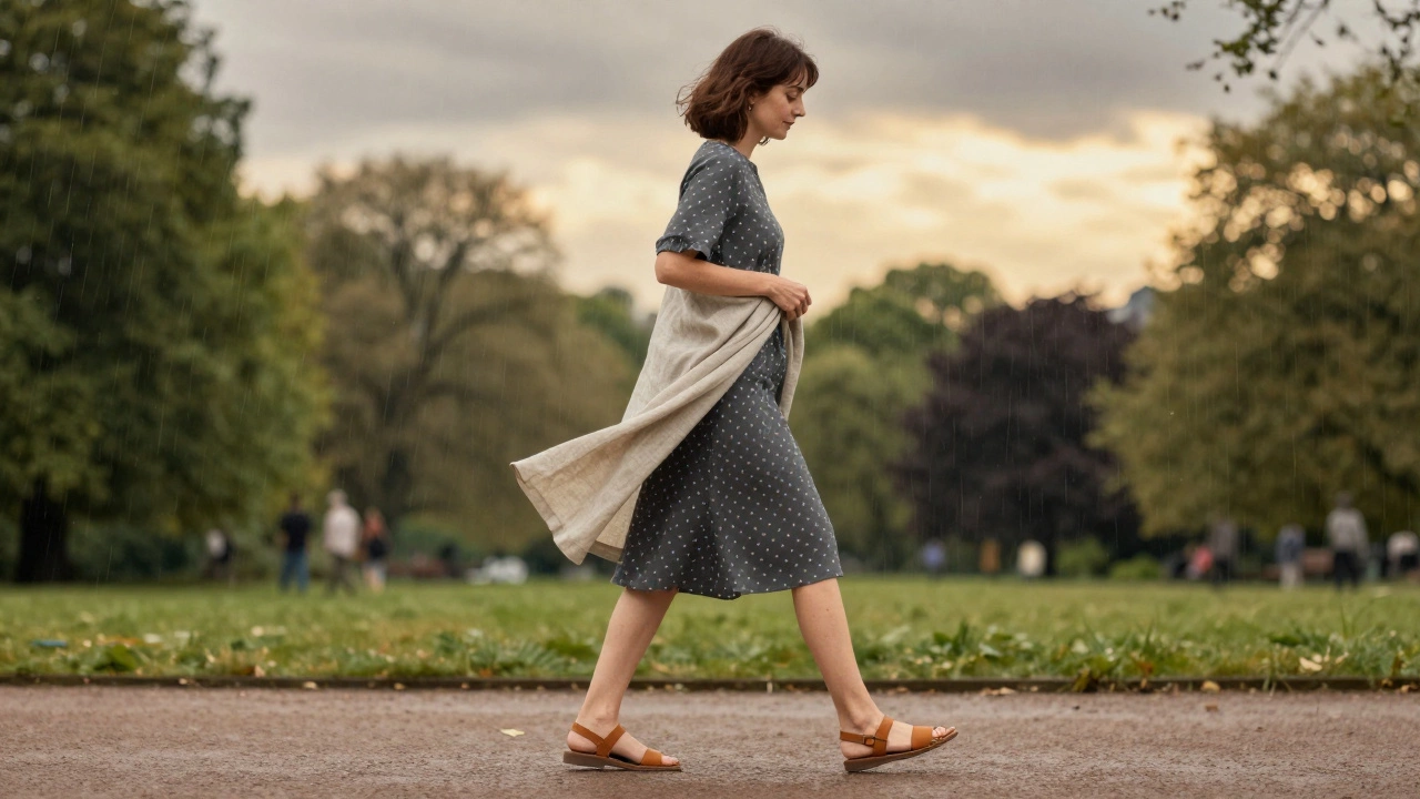 Woman walking in a charcoal polka-dot dress with a linen duster in Dublin&#039;s Phoenix Park during light rain.